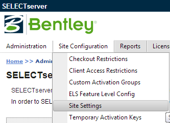Ảnh minh họa menu Site Settings trên SELECTserver
