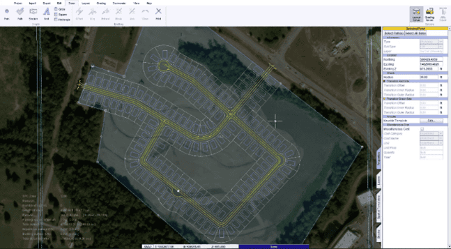 Hình ảnh phần mềm OpenSite Designer hiển thị bản vẽ phát triển khu đất trên ảnh vệ tinh với các công cụ và tab chức năng phong phú.