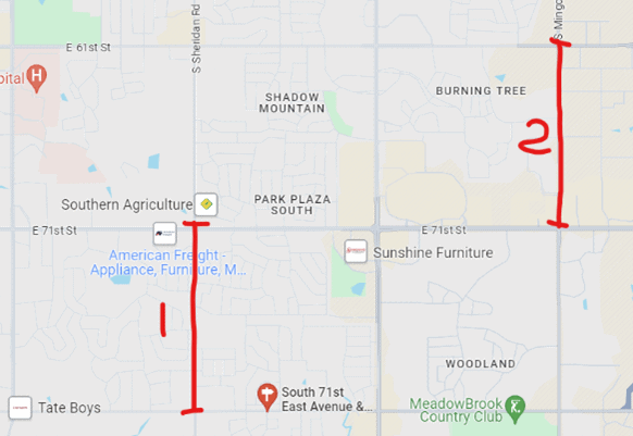 Bản đồ hai tuyến đường chính tại Tulsa do OpenRoads Designer thiết kế, các đoạn được đánh dấu màu đỏ mở rộng.