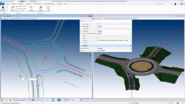Ảnh màn hình OpenRoads Designer hiển thị mô hình đảo giao thông vòng xuyến ở cả dạng 2D và 3D, kèm thông số và thuộc tính đo đạc chi tiết.