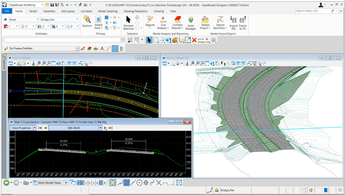 Màn hình máy tính đang hiển thị phần mềm CAD với mô hình 3D, biểu đồ, và công cụ thiết kế – mọi thứ vận hành dựa trên OpenRoads Designer cho thiết kế hạ tầng giao thông hiện đại.