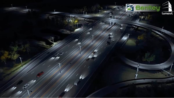 Đường cao tốc đông đúc vào ban đêm với xe cộ lưu thông – minh họa trực quan về dự án giao thông khi sử dụng OpenRoads Designer.