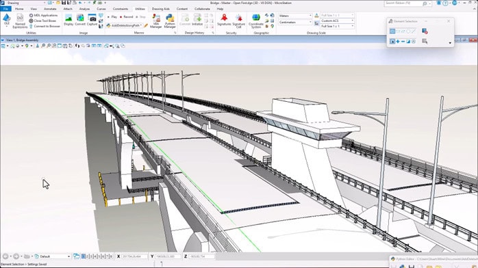 Mô hình cầu 3D trên phần mềm MicroStation 2025 với đèn đường, lan can, tháp điều khiển – minh họa cho việc tối ưu hóa workflow bằng các chức năng tự động hóa CAD.