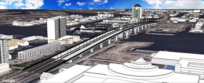 Minh họa kỹ thuật số tuyến đường sắt trên cao qua đô thị với nhiều tòa nhà và mặt nước – thể hiện workflow CAD ứng dụng trong phát triển hạ tầng đô thị bằng MicroStation 2025.