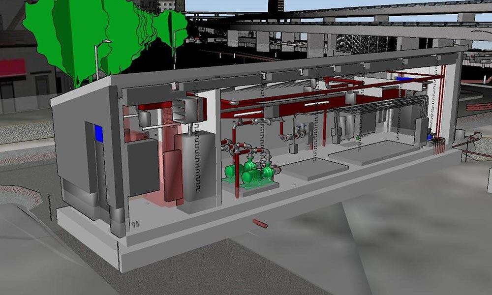 Hình ảnh dựng kỹ thuật số mặt cắt toà nhà tại NYC, thể hiện hệ thống cơ khí, ống dẫn, bồn chứa và các chi tiết cấu trúc, nhấn mạnh yếu tố chống chịu khí hậu bằng màu sắc xanh - đỏ.