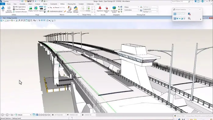 Mô hình cầu 3D trên phần mềm MicroStation 2025 với đèn đường, lan can, tháp điều khiển – minh họa cho việc tối ưu hóa workflow bằng các chức năng tự động hóa CAD.