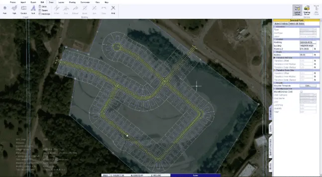 Hình ảnh phần mềm OpenSite Designer hiển thị bản vẽ phát triển khu đất trên ảnh vệ tinh với các công cụ và tab chức năng phong phú.