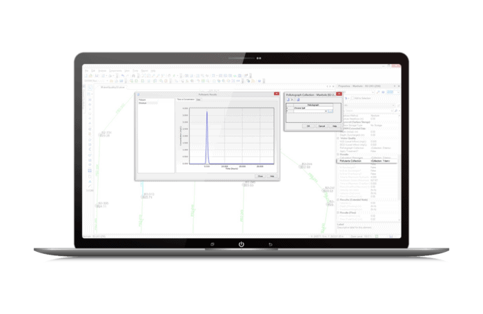 Màn hình laptop hiển thị mô phỏng chất lượng nước trong OpenFlows CivilStorm