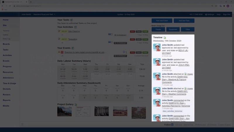 Hình động nhật ký công việc trên SYNCHRO Perform – Kết nối nhóm thi công hiệu quả tại hiện trường.