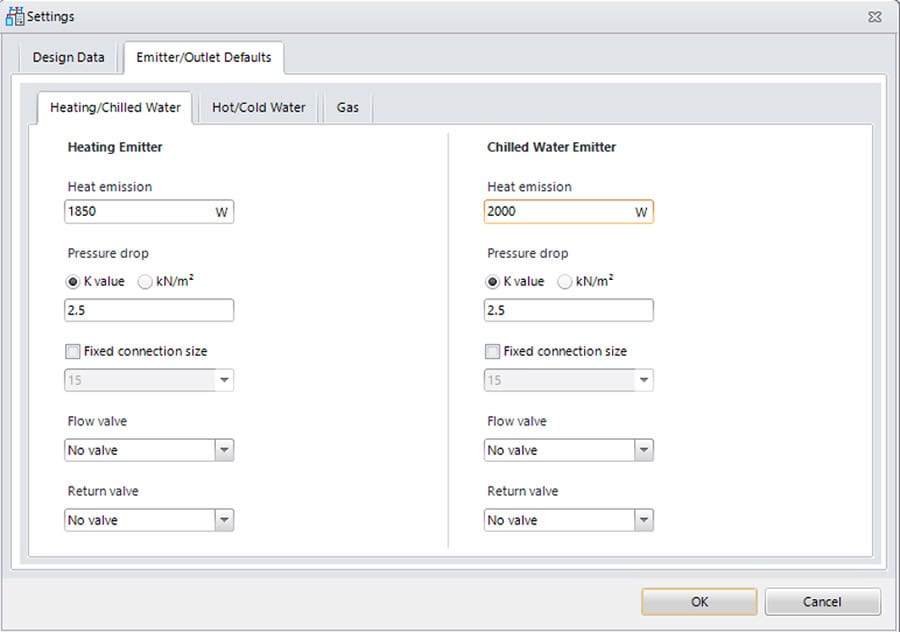 Cửa sổ cài đặt hiển thị cấu hình nước nóng/làm mát với tuỳ chọn nhiệt phát xạ, sụt áp và van, giúp tối ưu hoá thiết kế đường ống cho cả hệ thống sưởi và nước làm mát.