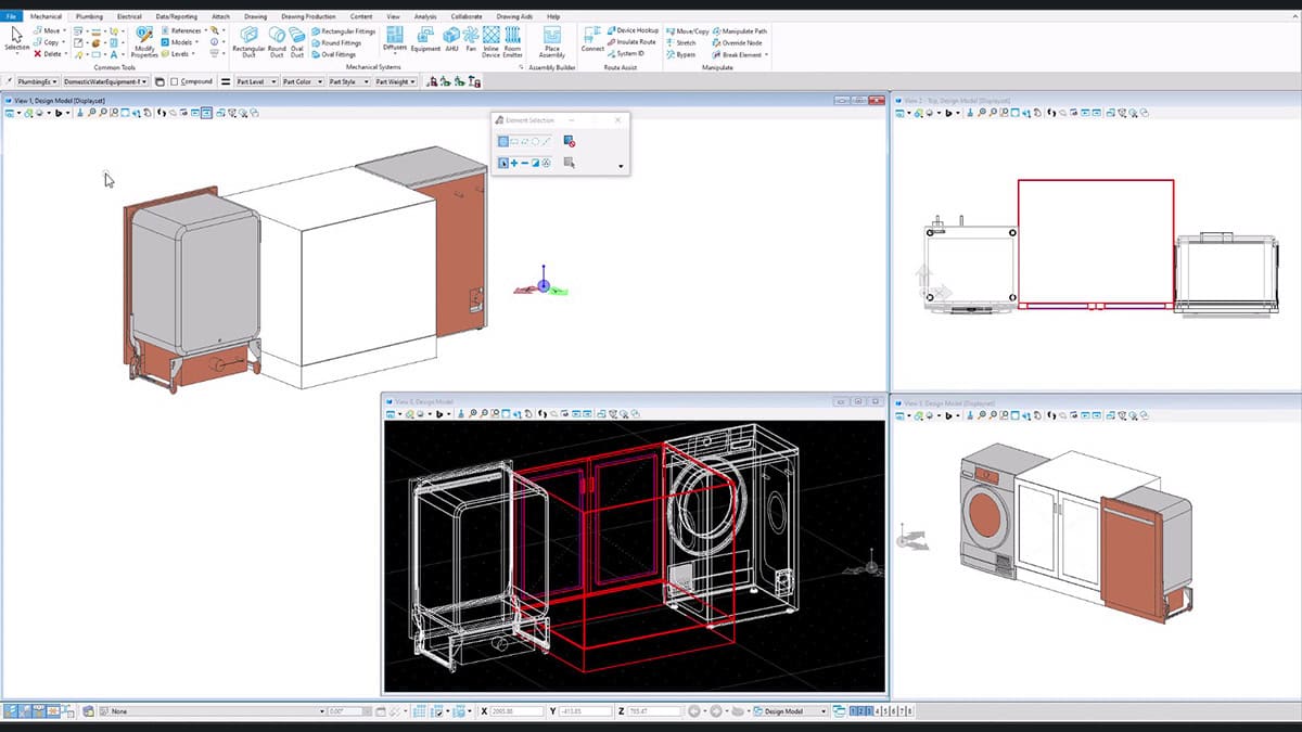 Giao diện CAD với nhiều khung nhìn 3D và 2D của thiết bị gia dụng như máy giặt hoặc máy sấy, nổi bật thiết kế đường ống hiệu quả với OpenBuildings Designer.