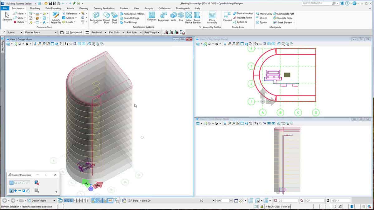 Giao diện phần mềm mô hình hóa kiến trúc 3D như OpenBuildings Designer hiển thị bản thiết kế tòa nhà nhiều tầng với nhiều khung nhìn cho thiết kế đường ống và mặt bằng, nâng cao hiệu quả công việc.