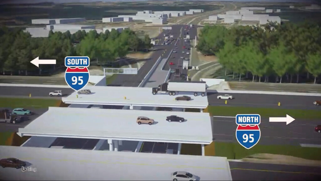 Hình phối cảnh số thể hiện thiết kế cầu vượt với ô tô, xe tải chạy trên các làn I-95 Bắc và Nam, xung quanh là cây xanh và công trình – ví dụ điển hình cho việc lập kế hoạch xây dựng bằng digital twin.