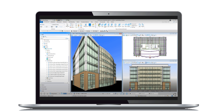 Một chiếc laptop hiển thị phần mềm thiết kế kiến trúc trong WorkSuite, cho thấy mô hình 3D của một tòa nhà cùng nhiều góc nhìn thiết kế, tích hợp mượt mà với các công cụ quản lý dự án.