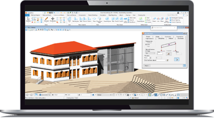 Một chiếc laptop hiển thị OpenBuildings Speedikon, phần mềm thiết kế kiến trúc hàng đầu, với mô hình 3D kết cấu tòa nhà, nổi bật ngôi nhà mái đỏ và cầu thang ngoài trời.