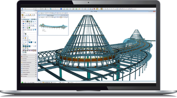 Màn hình laptop hiển thị mô hình 3D kết cấu thép phức tạp, gồm khung nón và khung tròn, trong ProStructures.