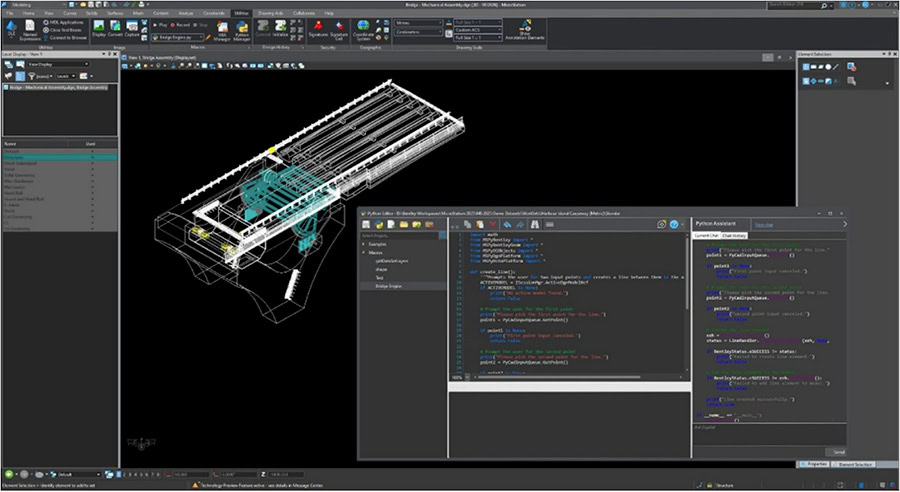 Màn hình MicroStation 2026 với một thiết kế cơ khí và cửa sổ Python Editor thể hiện mã lập trình.