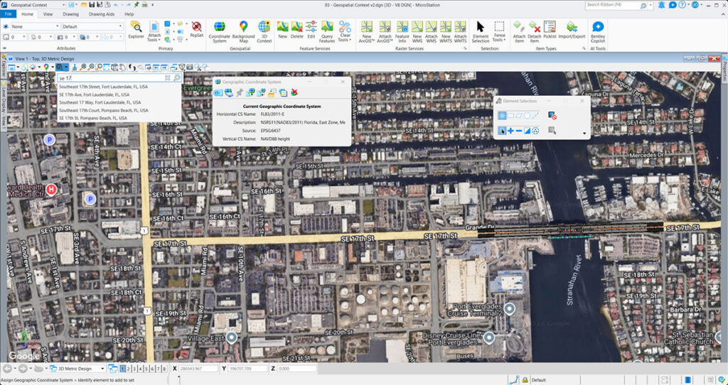 Giao diện bản đồ vệ tinh khu vực đô thị trong phần mềm GIS với thanh công cụ, lớp bản đồ và thông tin vị trí được hiển thị, tích hợp liền mạch với các công cụ Kỹ thuật Hạ tầng và tương thích với MicroStation 2026.