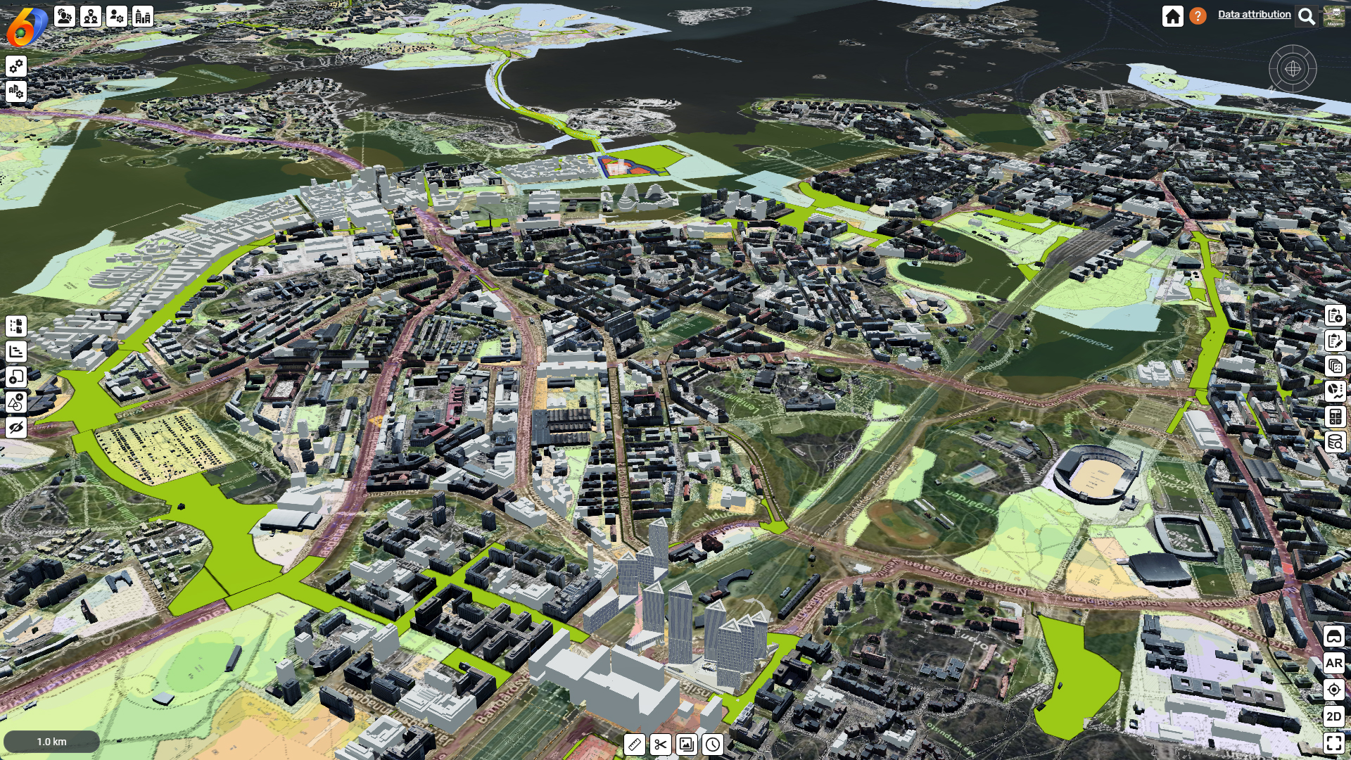 Bản đồ số 3D chi tiết khu đô thị Helsinki với các tòa nhà, đường xá, không gian xanh và kênh rạch nhìn từ trên cao.