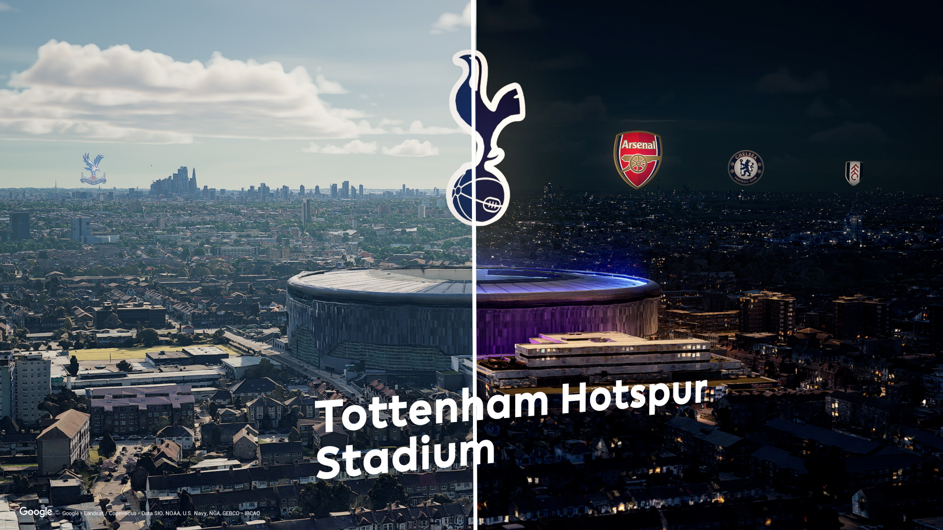 Toàn cảnh sân vận động Tottenham Hotspur nhìn từ trên cao, chia nửa ngày và đêm, với logo các CLB khác trên bầu trời.