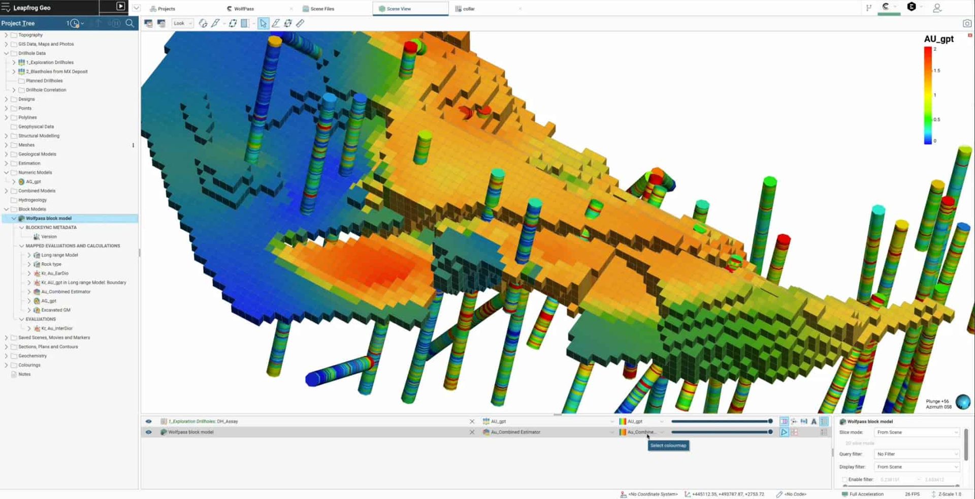 Giao diện phần mềm mô hình hóa địa chất 3D với lớp voxel phân bố màu sắc thể hiện biến thiên hàm lượng vàng cùng dữ liệu lỗ khoan dọc thân quặng.