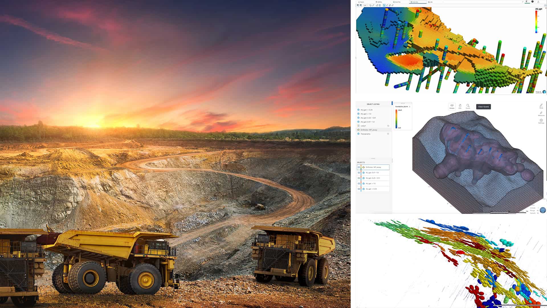 Một mỏ vàng lộ thiên với xe tải bên trái; bên phải là ba mô hình 3D địa chất hiển thị trên các màn hình máy tính.