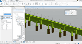 Giao diện phần mềm với mô hình 3D chi tiết của cấu kiện cầu, cột và dầm. Bên trái là danh sách đối tượng, bên phải là tùy chọn công cụ, mô tả tính tích hợp hoàn hảo của Civil WorkSuite.