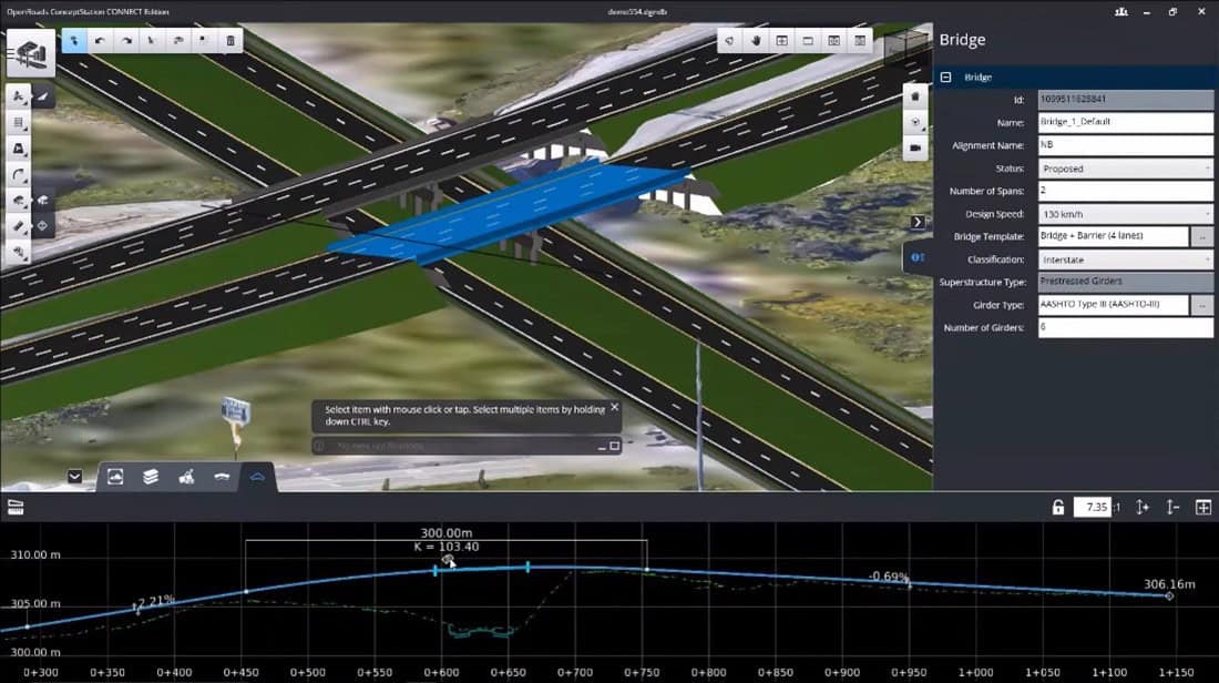 Màn hình máy tính hiển thị phần mềm thiết kế 3D OpenRoads với mô hình cầu chi tiết trên giao lộ, cùng các thanh công cụ và biểu đồ thông số; thể hiện mức độ chi tiết và tác động của quy hoạch chính xác.